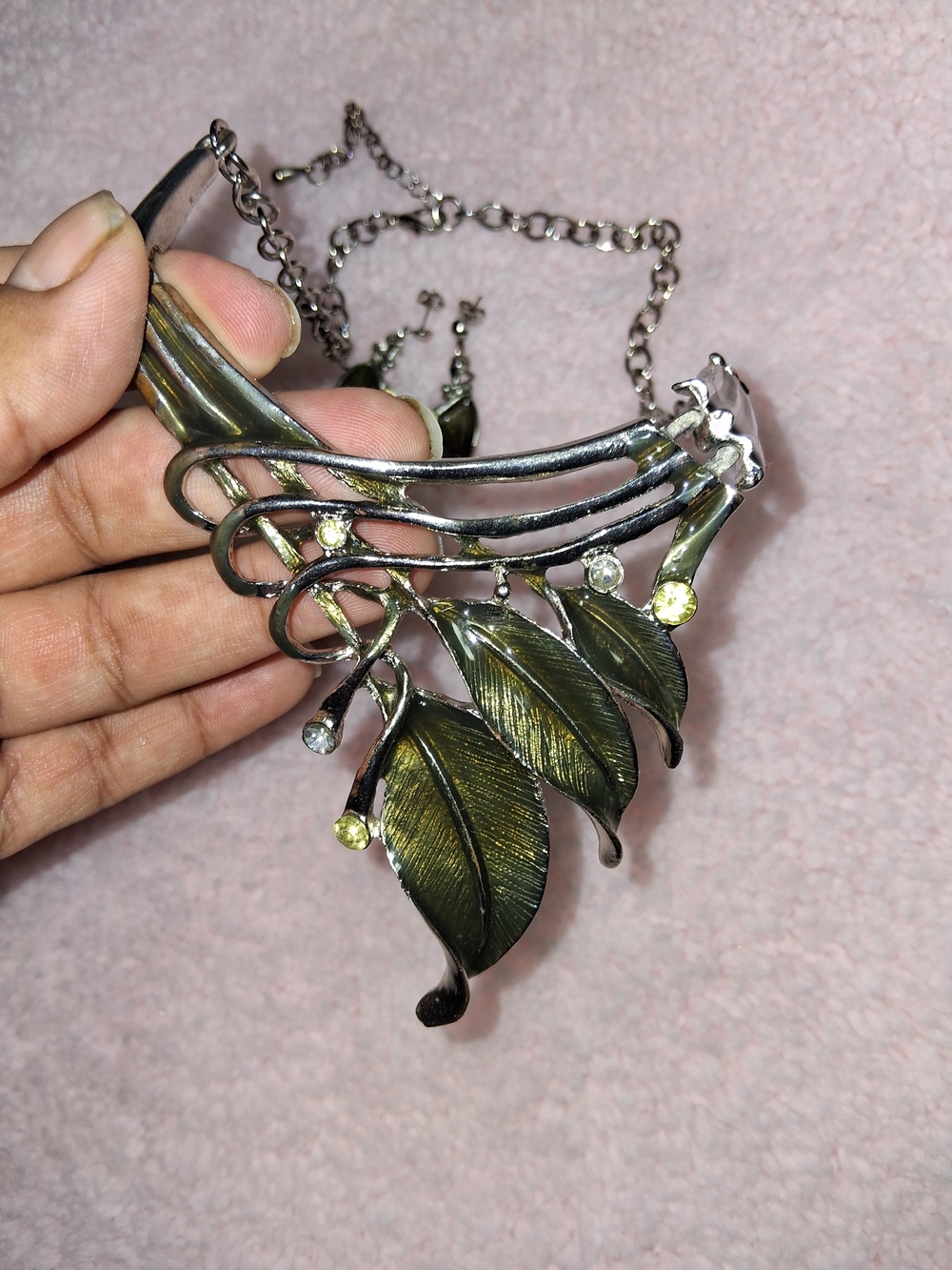 Green Leaf Statement Necklace with Yellow and Clear Accents